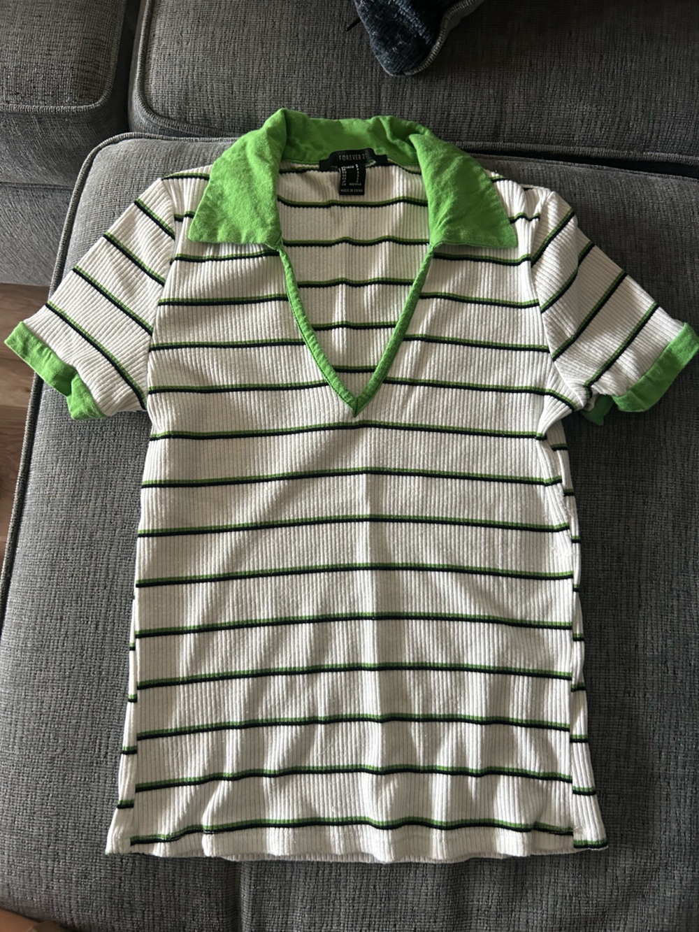 Forever 21 White Polo Top with Green Trim and Stripes